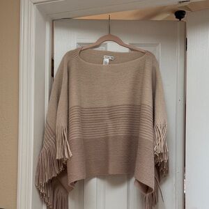 Gentle Fawn Fringe Hem Open-Knit Poncho Sweater - Beige